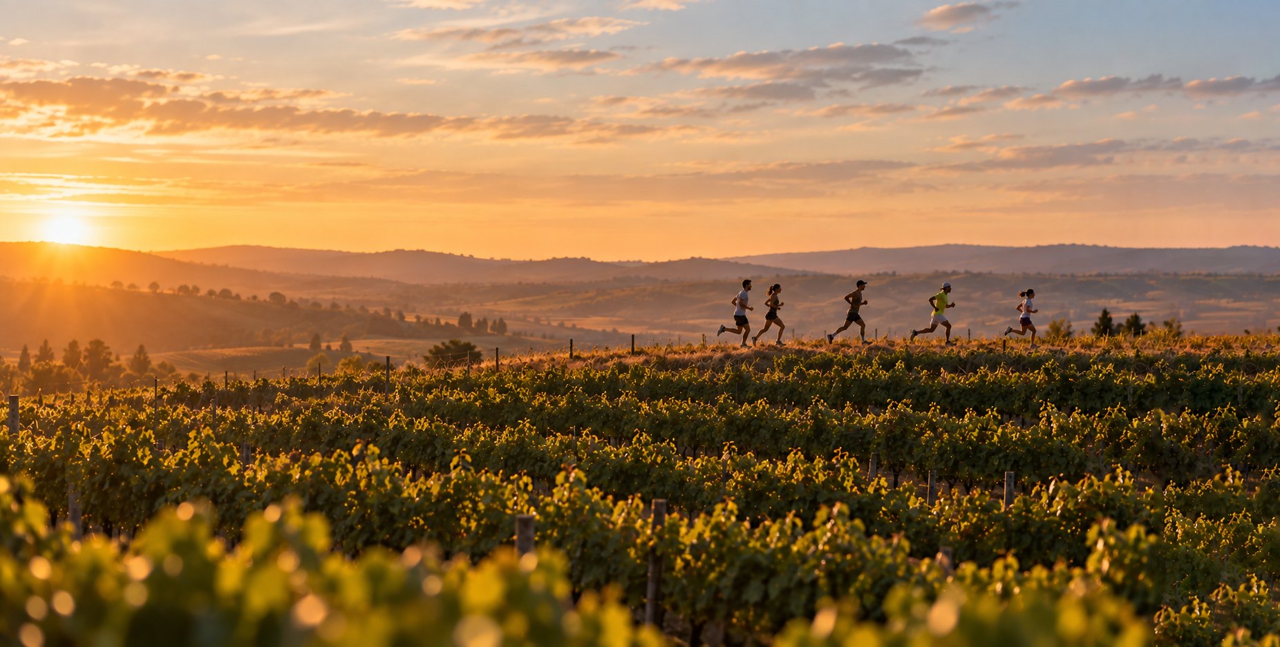 Runners along a vineyard ridge at sunset