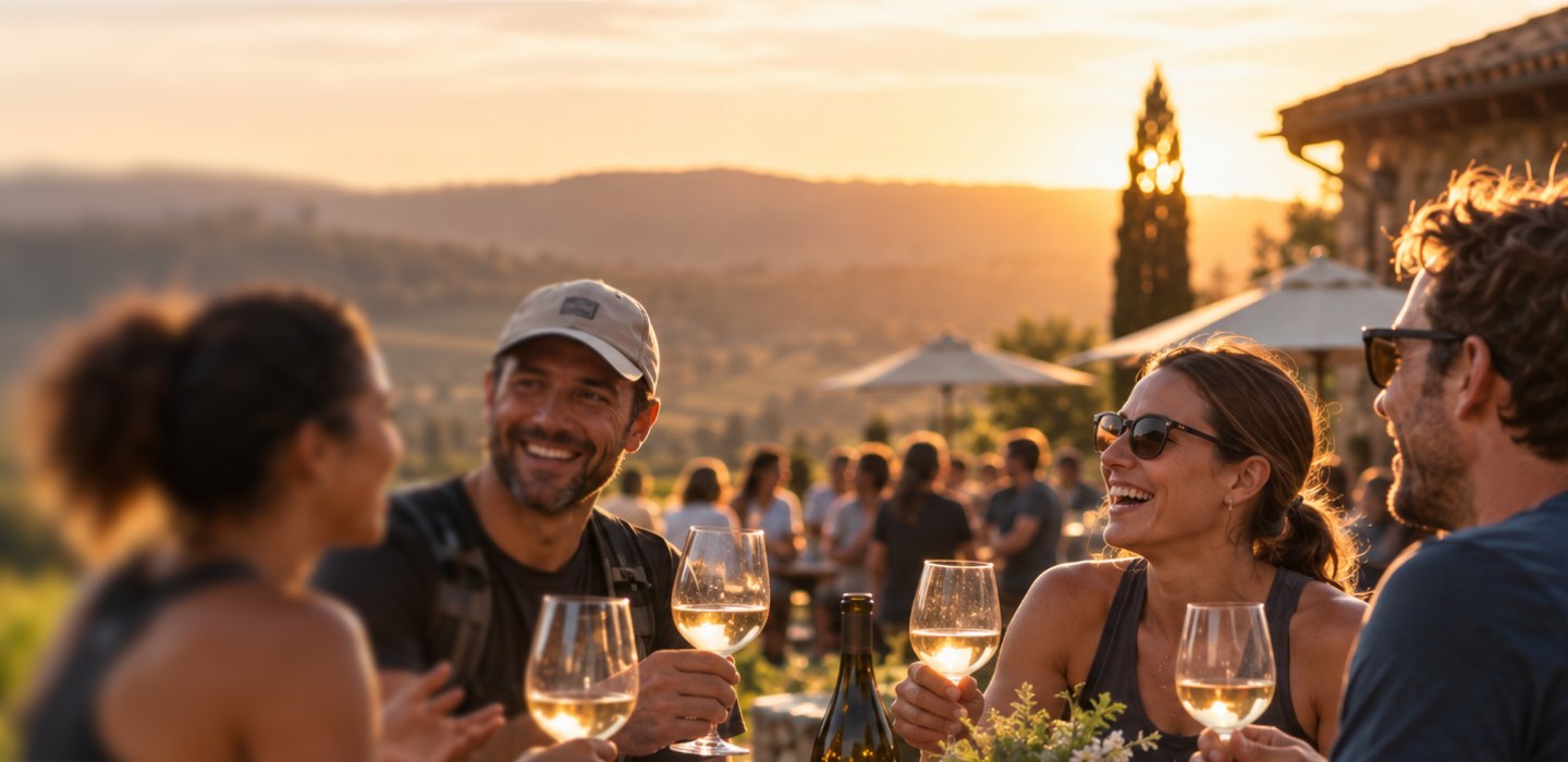 Runners talking over glasses of wine at Epicura Village as the sun sets