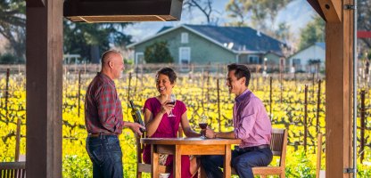 Three people tasting wine at a table beside the vines